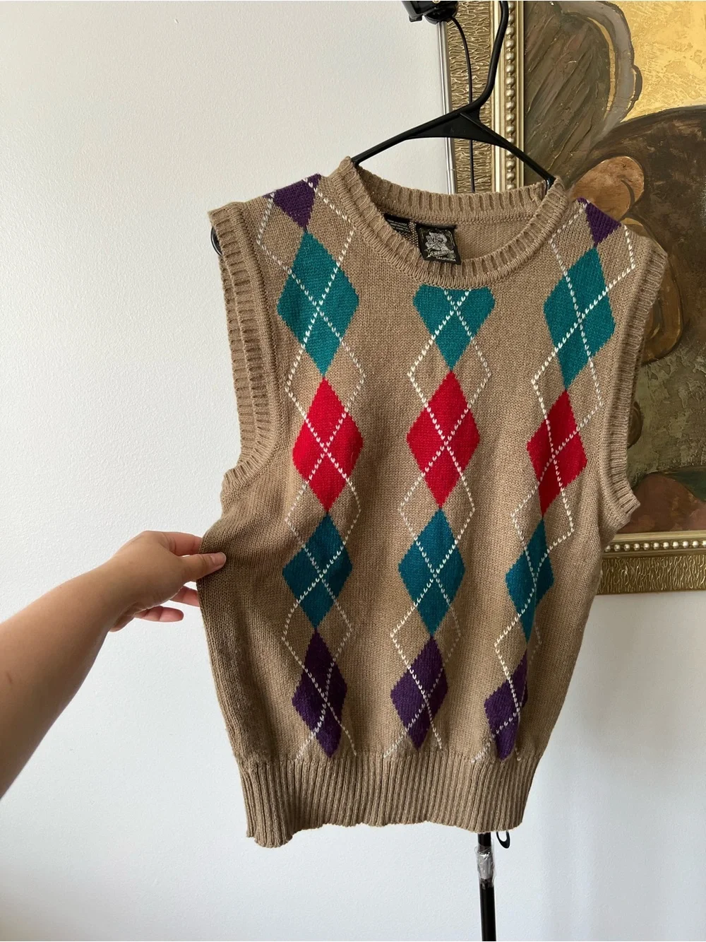 Kennington California Men Argyle Knit Sweater Vest Tan Brown Multi Color Medium